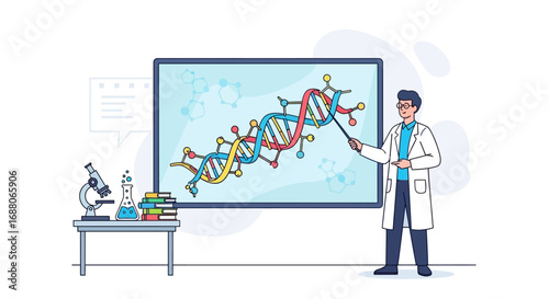 Scientist explains dna on a screen with lab equipment. Suitable for science presentations, educational materials, and genetics research articles.
