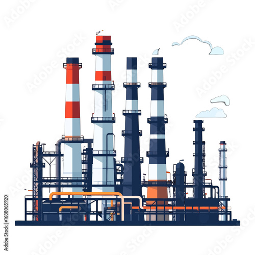 Detailed Oil Refinery Illustration Featuring Tall Smokestacks With Red And White Markings And Intricate Piping Systems Against A Clean White Background