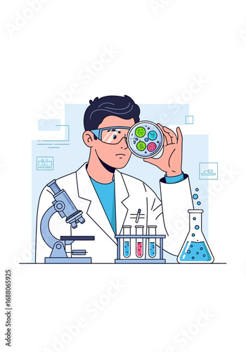 Scientist studying bacteria colonies in a petri dish. Perfect for science, research, microbiology, lab, education, biology, experiments, and medical concepts.