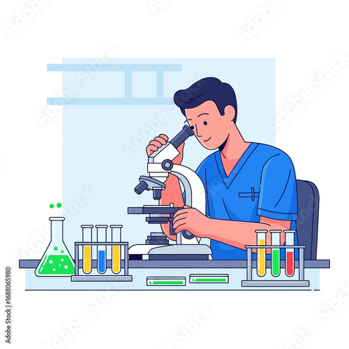 Man looks through a microscope in a colorful cartoon lab setting. Perfect for sciencethemed websites, educational materials, and medical presentations.