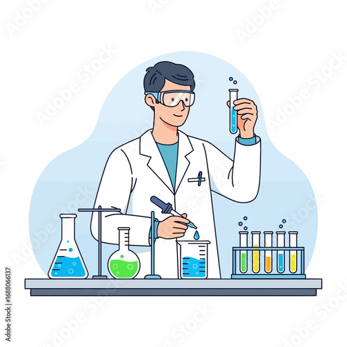 Scientist working in lab with beakers and test tubes. Perfect for science, research, laboratory, education, experimentation, chemistry concepts.