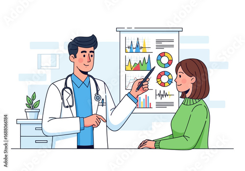 Female patient learns data diagrams from doctor. Suitable for medical presentations, healthcare articles, doctorpatient communication visuals, and hospital promotions.