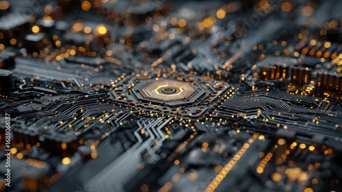 Close up of a computer chip with a yellow center