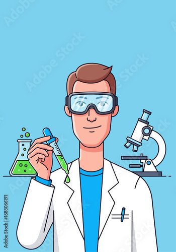 Scientist in a lab coat holding a pipette with microscope beaker nearby, great for science, research, laboratory, education websites.