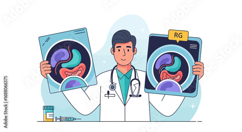 Suitable for medical presentations, healthcare articles, and educational materials depicting a doctor analyzing stomach xray images with scan results.