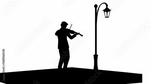 Silhouette of violinist playing under street lamp on a dark platform against a white background scene image