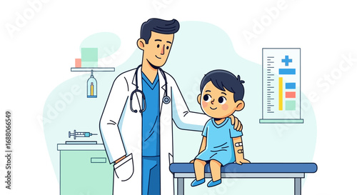 Doctor shows empathy to kid at medical checkup. Suitable for healthcare, pediatrics, patient care, doctorpatient relationship editorial content.