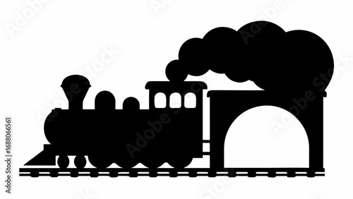 Silhouette of a steam train with smoke billowing from its stack and a tender car attached behind it shown