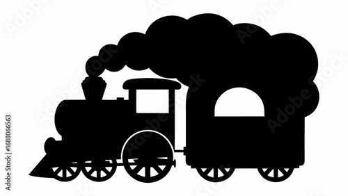 Silhouette of a steam train with smoke billowing from the smokestack and a passenger car attached at the rear