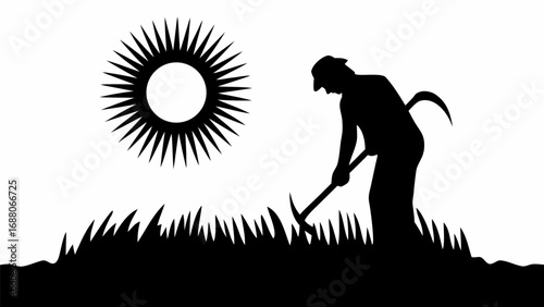 Silhouette of a farmer working in a field under a shining sun with tall grass in black and white style