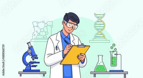 Scientist conducting lab research with microscope, test tubes, and dna. Perfect for science, research, laboratory, genetics, and biotechnology concepts.
