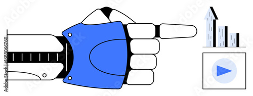 Robotic hand with a blue glove pointing to upward bar chart and play button. Ideal for technology, automation, AI, business growth, innovation, digital transformation, simple landing page