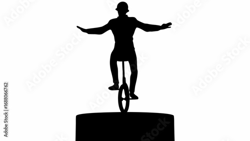 Silhouette of a person balancing on a unicycle with arms outstretched on a circular platform in black