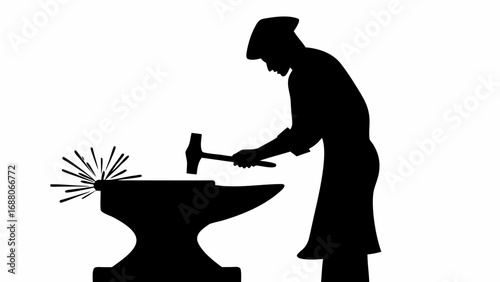 Silhouette of a blacksmith striking metal on an anvil with a hammer creating sparks in black and white