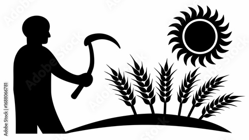 Silhouette of a farmer with scythe harvesting wheat under the sun in a field illustration design