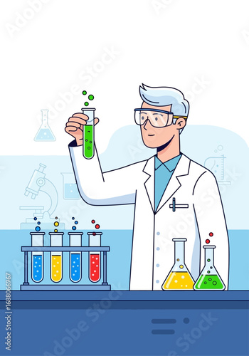 Scientist in a lab coat examines a test tube with green liquid. Perfect for sciencethemed designs and content.