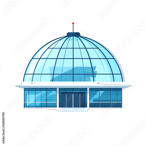 Pixel Art Building with Blue Glass Dome and White Base on White Background, Minimalist Pixelated Geometric Design for Retro-Style Game Asset or Graphic Design