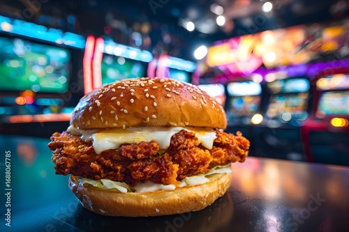 Crispy Chicken zinger burger on counter with professional lighting and glowing melted cream inside, gaming zone counter background with lots of multi-ambient light