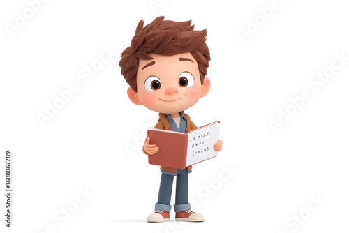 A smiling boy holding a math workbook and showing a solved equation proudly, 3d animation, isolated on a white background