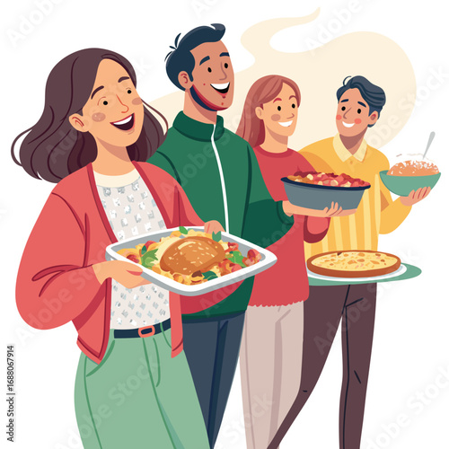 Vector art of a group of cheerful people celebrating thanksgiving with a festive dinner, sharing food and enjoying the holiday