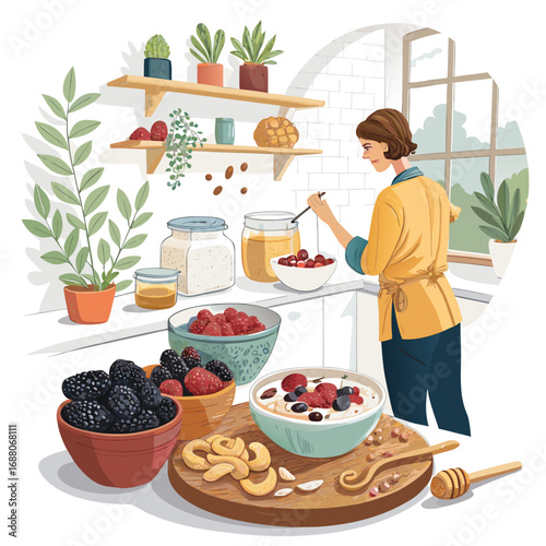 Vector art of a woman preparing a healthy breakfast in a bright kitchen with fresh ingredients, including berries, nuts, and honey, for a nutritious start to the day
