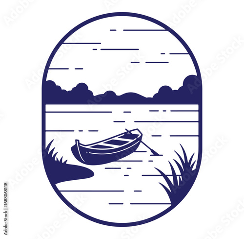 Elegant vector illustration of a rowboat on a calm lake within an oval frame