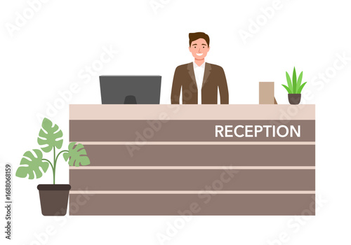 Bank office or hotel reception with receptionist smiling man vector illustration. Reception hall with male receptionist