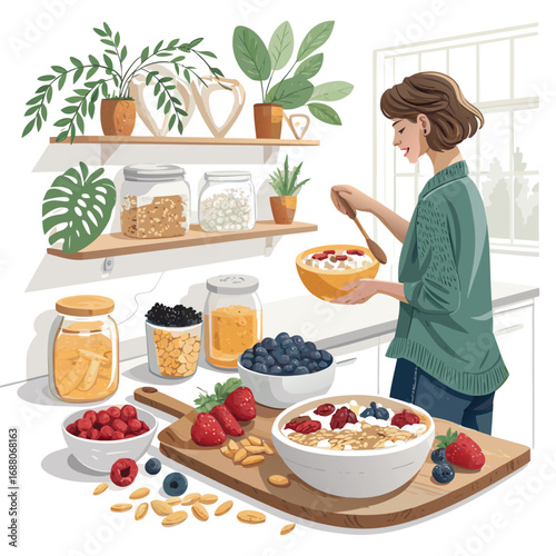 Vector art of a woman prepares a nutritious breakfast in her kitchen, combining oatmeal, yogurt, fresh berries, nuts, and honey for a healthy and delicious meal