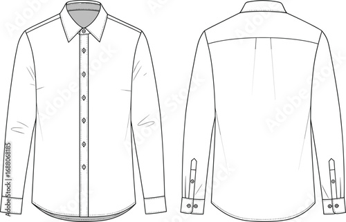 CAD drawing flat vector illustration of a classic long sleeve button-down shirt, front and back view, fashion technical sketch