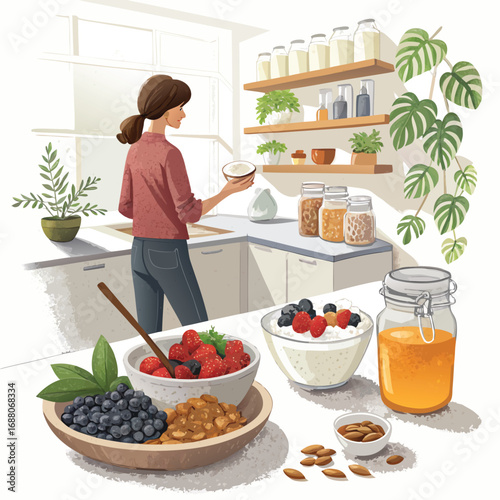 Vector art of a woman prepares a healthy breakfast with yogurt, granola, and fresh berries in a bright kitchen with plants and natural light