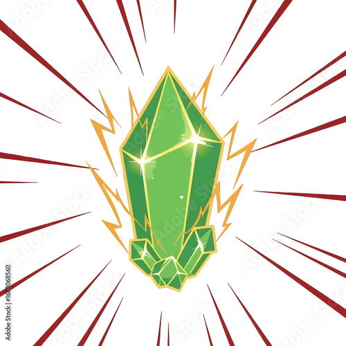 Glimmering Green Crystal Gemstone with Radiating Light on White Background Animated Style