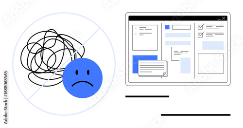 Sad face beside tangled scribbles contrasts with a clean, organized task management interface. Ideal for productivity, efficiency, organization, clarity, project management, stress reduction, simple
