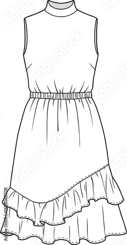 CAD drawing flat vector illustration of a sleeveless ruffle midi dress, fashion flat sketch for apparel and clothing design template