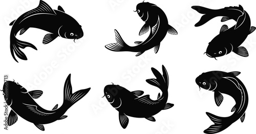 "Elegant koi fish silhouettes in fluid swimming poses, showcasing graceful motion and cultural symbolism for vector art and design use"
