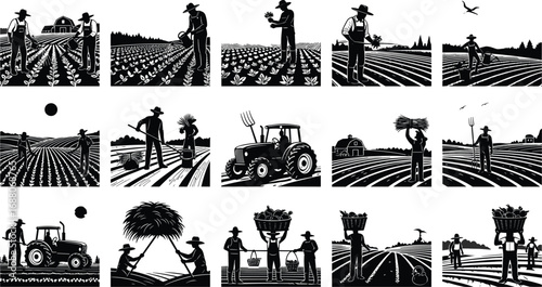 Black and white silhouettes of farmers working in fields, planting, watering, harvesting crops, tractor driving, rural farm life, agriculture activities