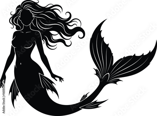 "Elegant mermaid silhouette with flowing hair and ornate tail, ideal for fantasy vector illustration, ocean themes, and mythical design"