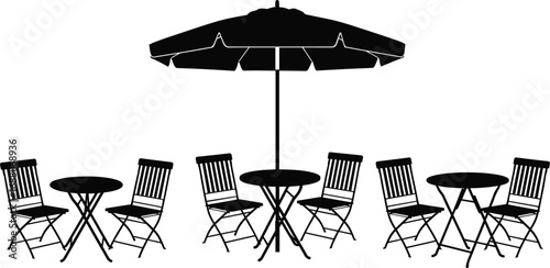 "Outdoor table and chair silhouette sets with umbrella, ideal for patio, café, garden seating vector design and illustration use"