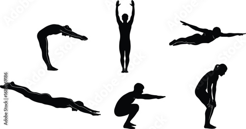 "Silhouettes of person performing various exercise and stretch poses, ideal for fitness vector illustration, training design, and wellness content"