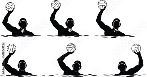 "Water volleyball silhouettes of players holding ball above head, aquatic sports poses for vector illustration and athletic design content"