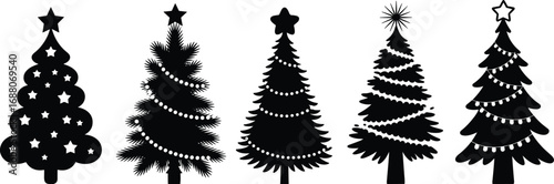 Set of Five Christmas Tree Silhouettes with Stars and Garland Decorations, Festive Holiday Vector Design for Seasonal Projects
