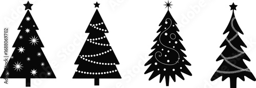 Set of Four Christmas Tree Silhouettes with Stars Garland and Decorations, Festive Holiday Vector Design for Seasonal Projects