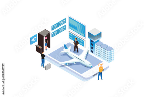 Modern Isometric E-Ticket Reservation Mobile App Illustration, Web Banners, Suitable for Diagrams, Infographics, Book Illustration, Game Asset, And Other Graphic Related Assets