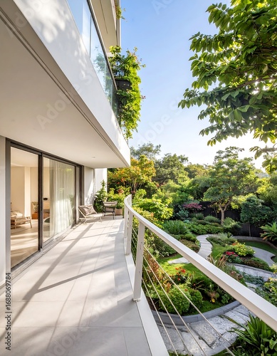 Modern balcony overlooking lush gardens