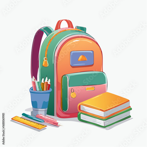 Back to School Essentials: A vibrant illustration of a backpack paired with school supplies, perfect for the eager learner.