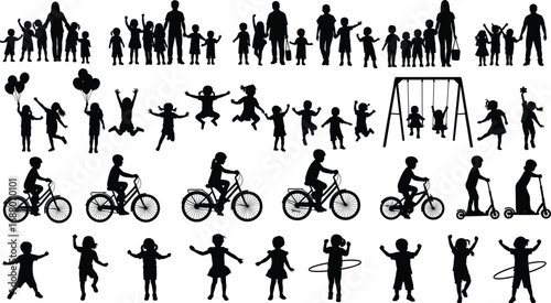 Children Playing and Family Silhouettes Vector Set with Kids Biking, Jumping, Swinging, and Active Parents for Outdoor Activity Design
