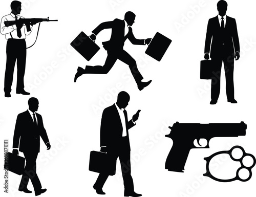 Silhouettes of business men with briefcases, weapons, and aggressive postures representing crime, violence, corporate conflict, or danger themes.
