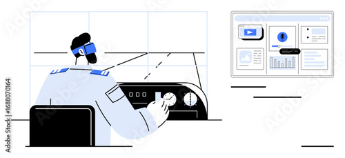 Person in uniform managing control panel with digital screen showing data, charts, and media. Ideal for technology, automation, navigation, data analysis, virtual reality, management futuristic