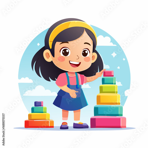 Playful Stacking: A cheerful young girl meticulously stacks colorful blocks in a cartoon-like illustration, embodying childhood joy and the development of early problem-solving skills.