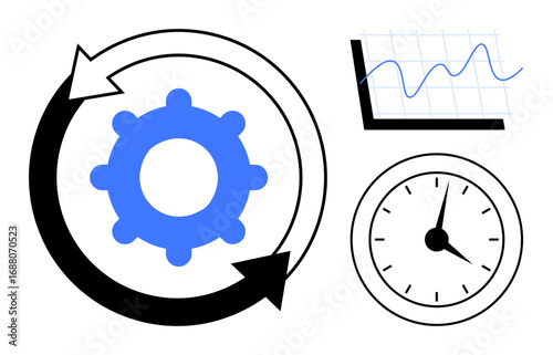 Blue gear encircled by arrows symbolizing process flow, clock indicating time management, and graph illustrating progress. Ideal for innovation, strategy, automation, productivity, time, planning