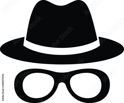 Spy disguise icon with hat and glasses silhouette for security, privacy, incognito, mystery concept in vector flat design style